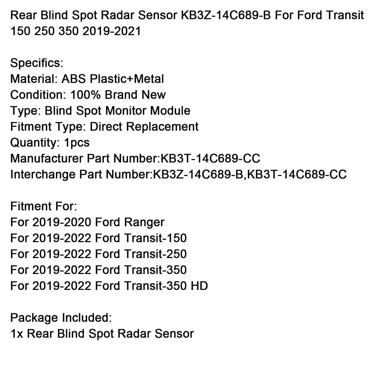 2019-2020 Ford Ranger Rear Blind Spot Radar Sensor KB3Z-14C689-B
