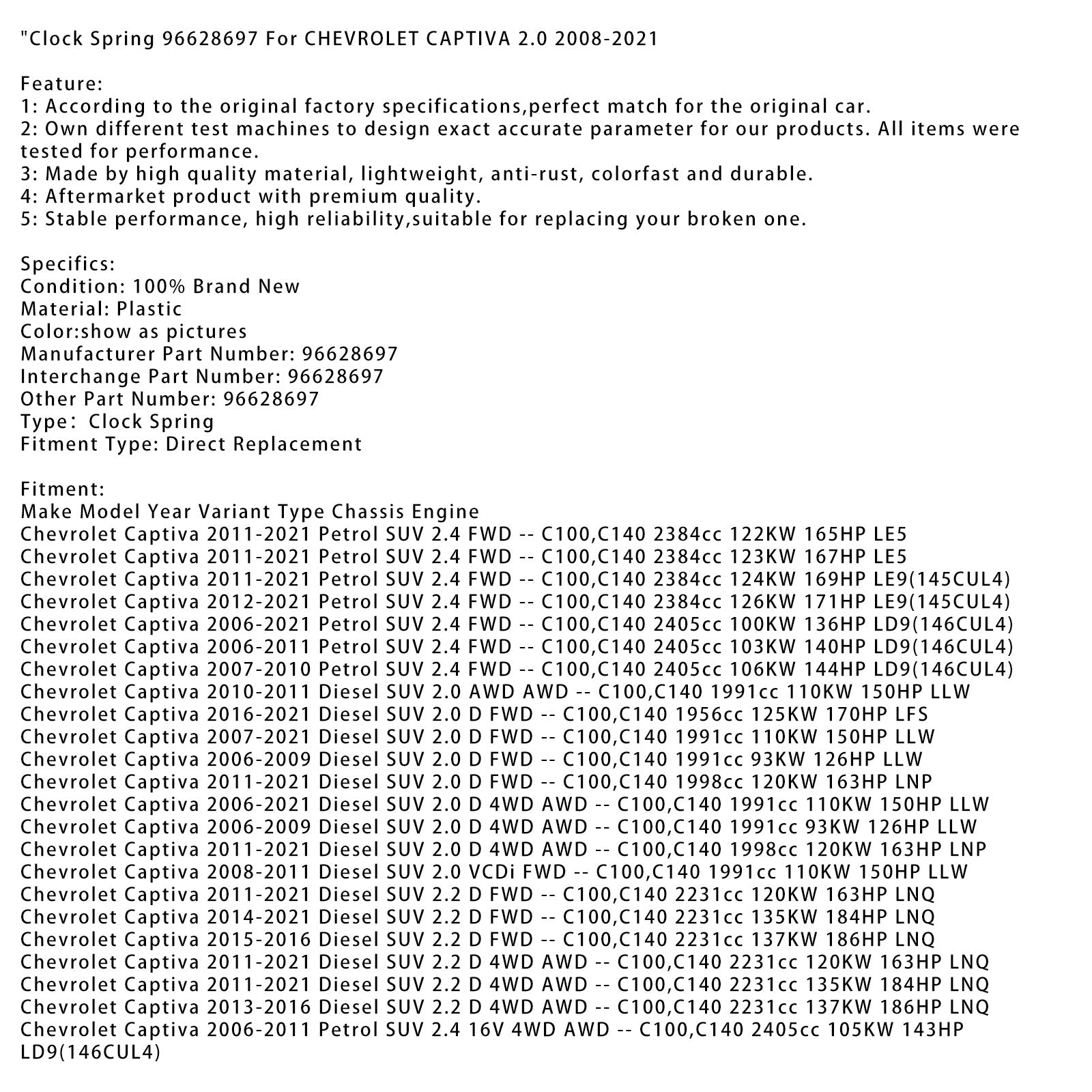 Clock Spring 96628697 For CHEVROLET CAPTIVA 2.0 2008-2021