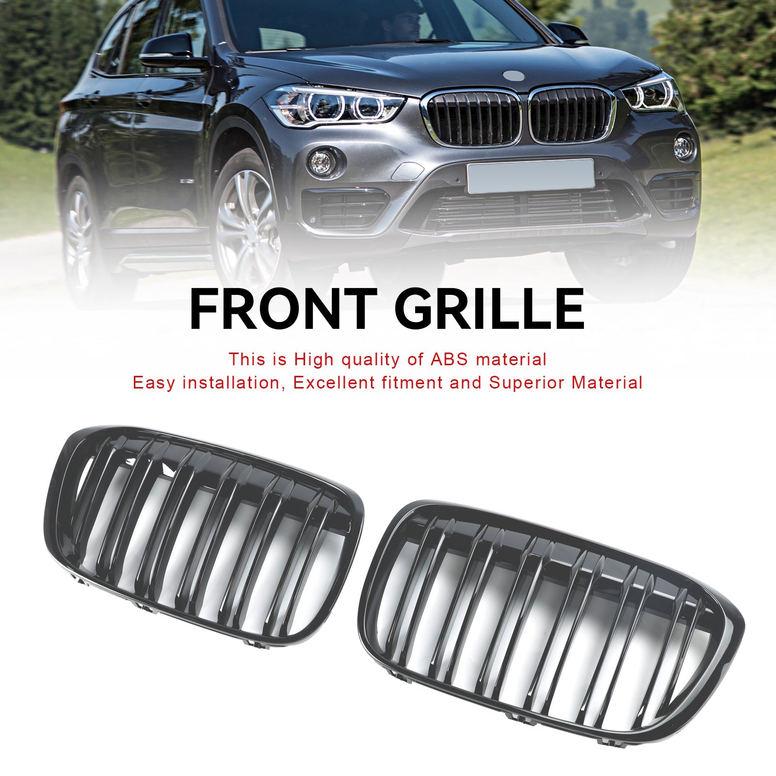 BMW X1 F48 F49 2016-2019 2PCS Gloss Black Front Kidney Grill Grille