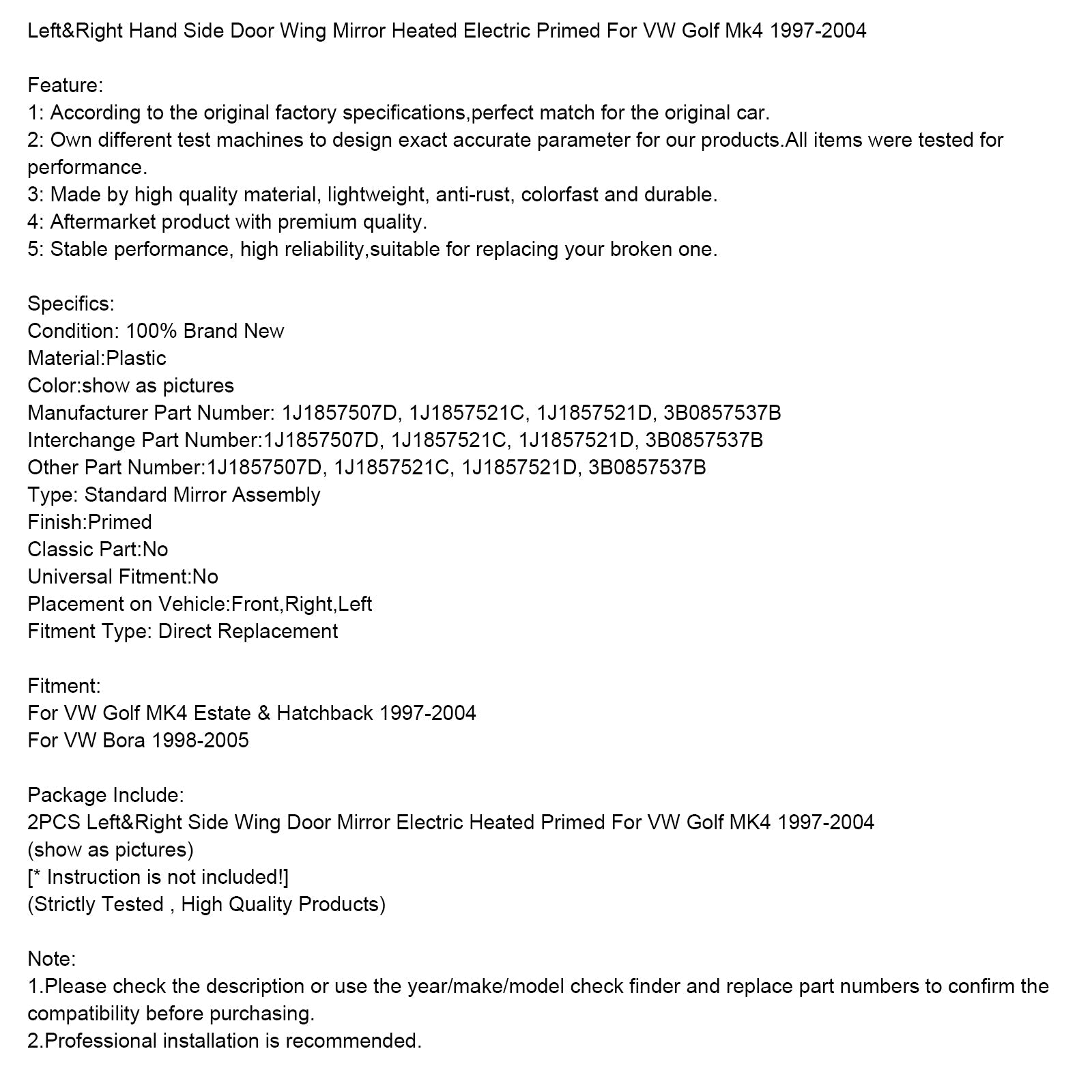 Left&Right Hand Side Door Wing Mirror Heated Electric For VW Golf Mk4 97-04