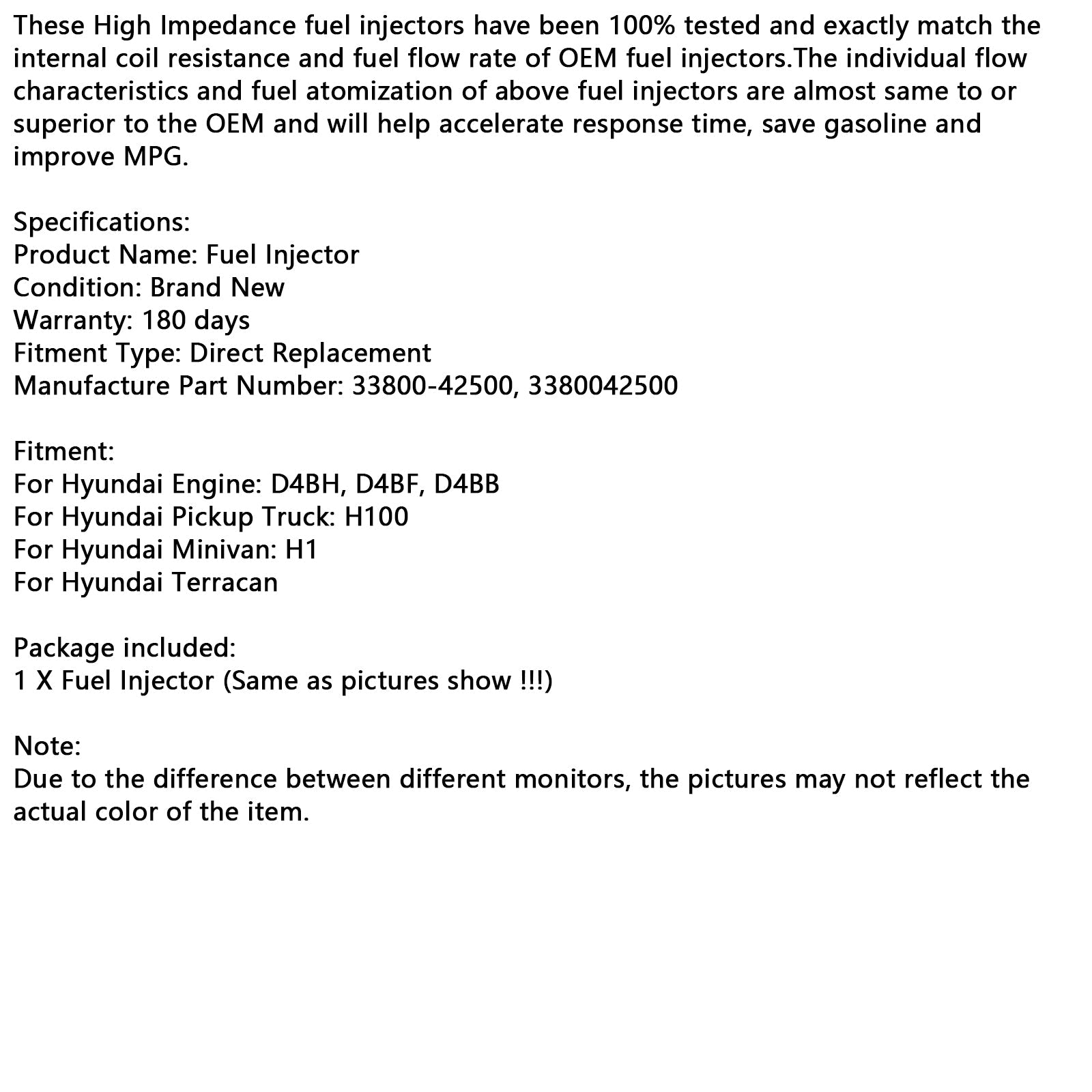 Hyundai D4BH D4BF Pickup H100 Minivan H1 4PCS Fuel Injector 33800-42500