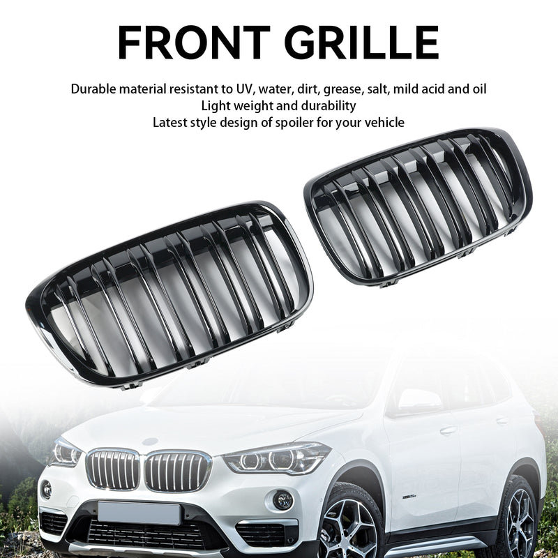 BMW X1 F48 F49 2016-2019 2PCS Gloss Black Front Kidney Grill Grille