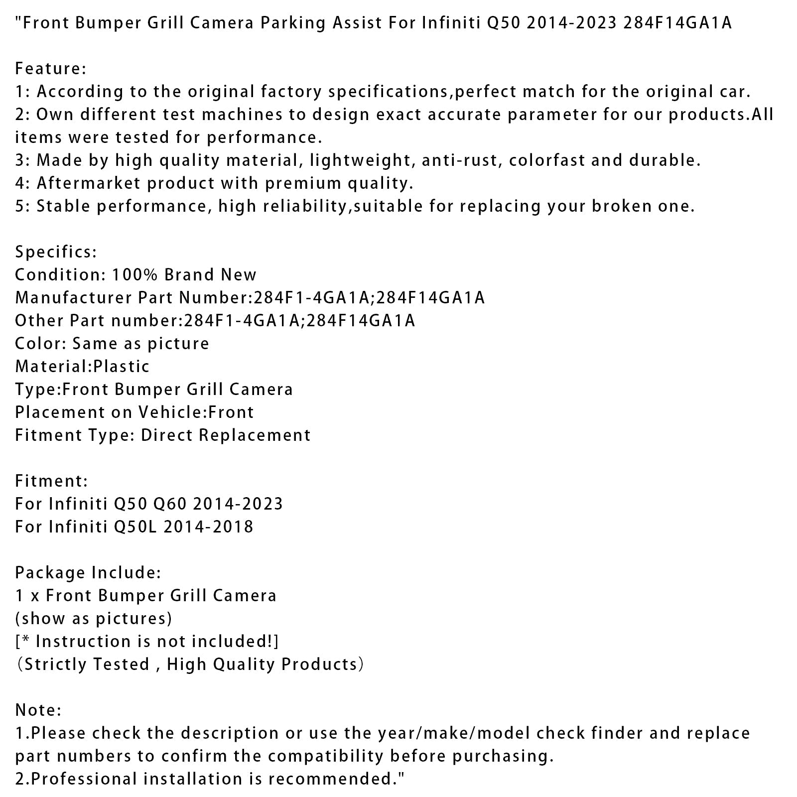 Front Bumper Grill Camera Parking Assist For Infiniti Q50 2014-2023 284F14GA1A