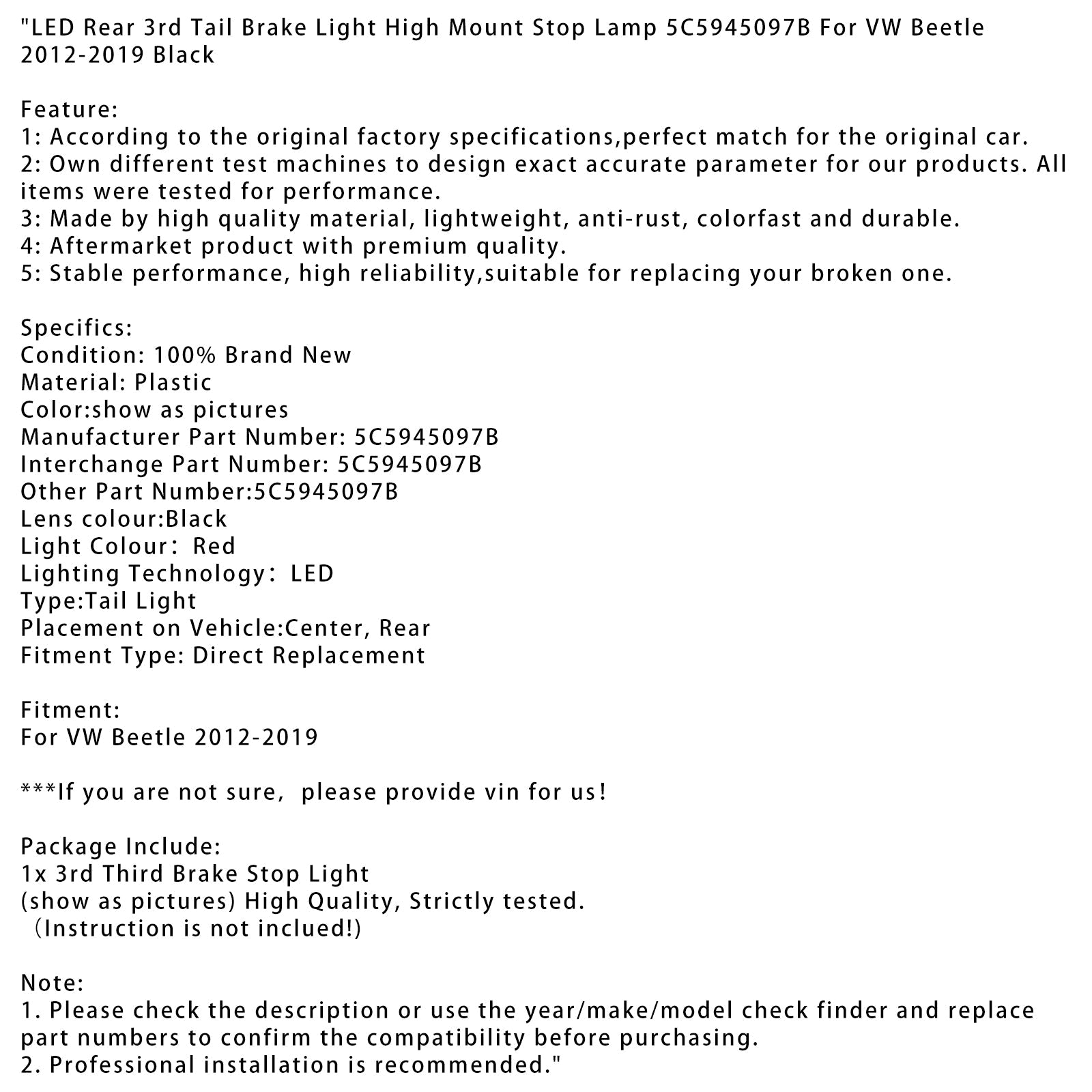 2012-2019 VW Beetle LED Rear 3rd Tail Brake Light High Mount Stop Lamp 5C5945097B