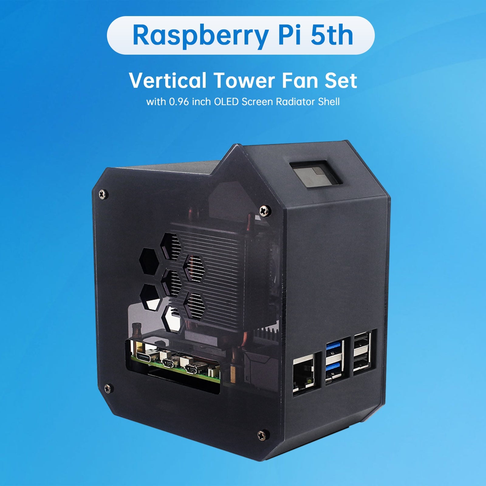 Raspberry Pi 5 Vertical Tower Fan Set with 0.96 inch OLED Screen Radiator Shell