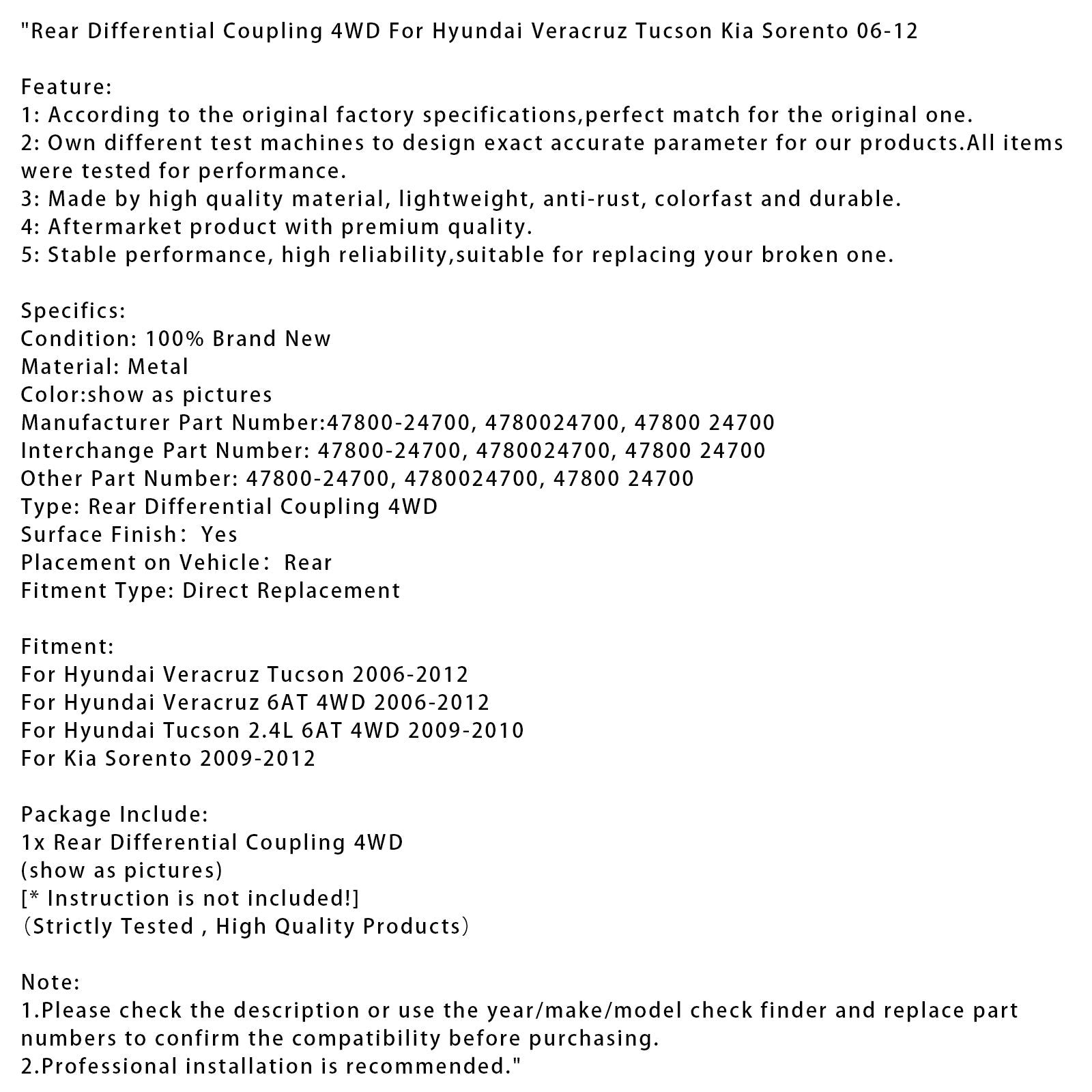2006-2012 Hyundai Veracruz 6AT 4WD Rear Differential Coupling 4WD 47800-24700