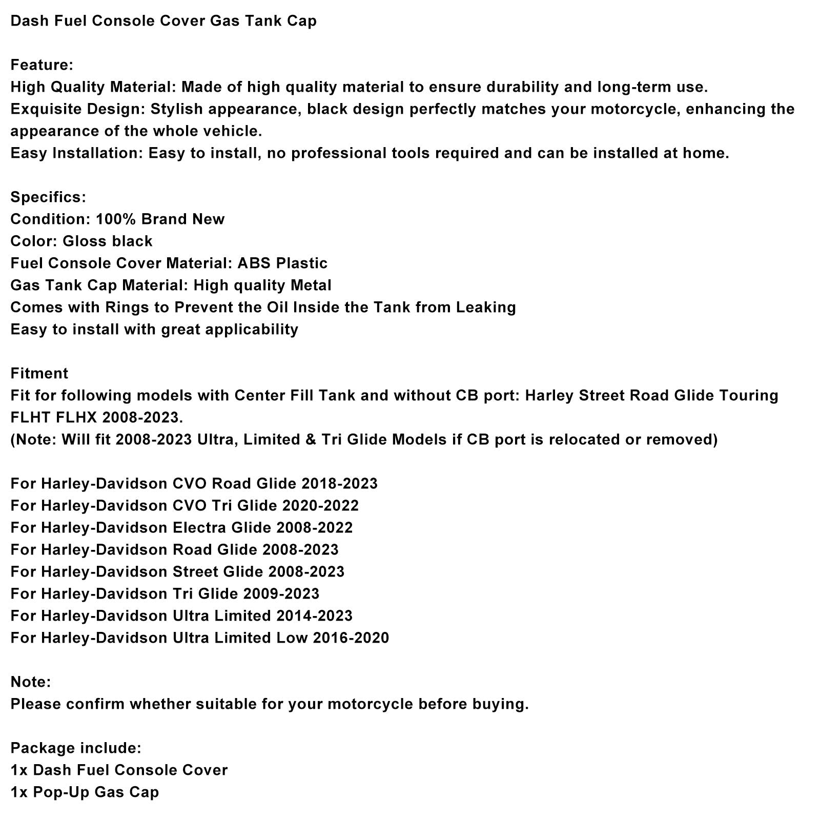 Dash Fuel Console Cover Gas Tank Cap For Touring Electra Road Glide 2008-2023