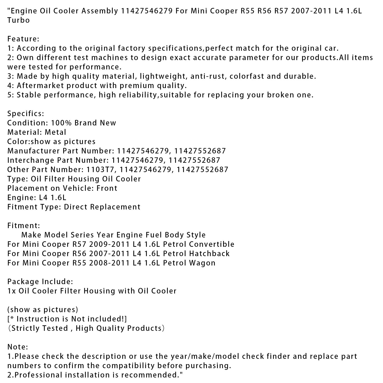 Engine Oil Cooler Oil Filter Assembly For Mini Cooper R55 R56 R57 2007-2011