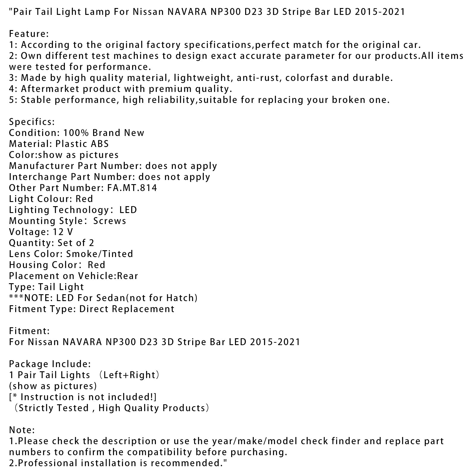 Pair Tail Light Lamp For Nissan NAVARA NP300 D23 3D Stripe Bar LED 2015-202