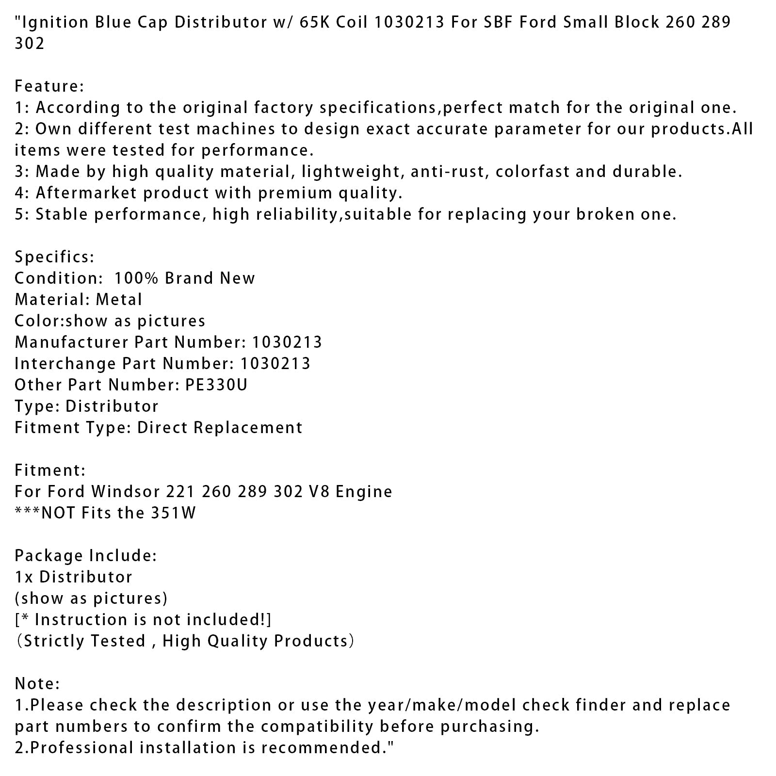 Ford Windsor 221 260 289 302 V8 Engine Ignition Blue Cap Distributor w/ 65K Coil 1030213