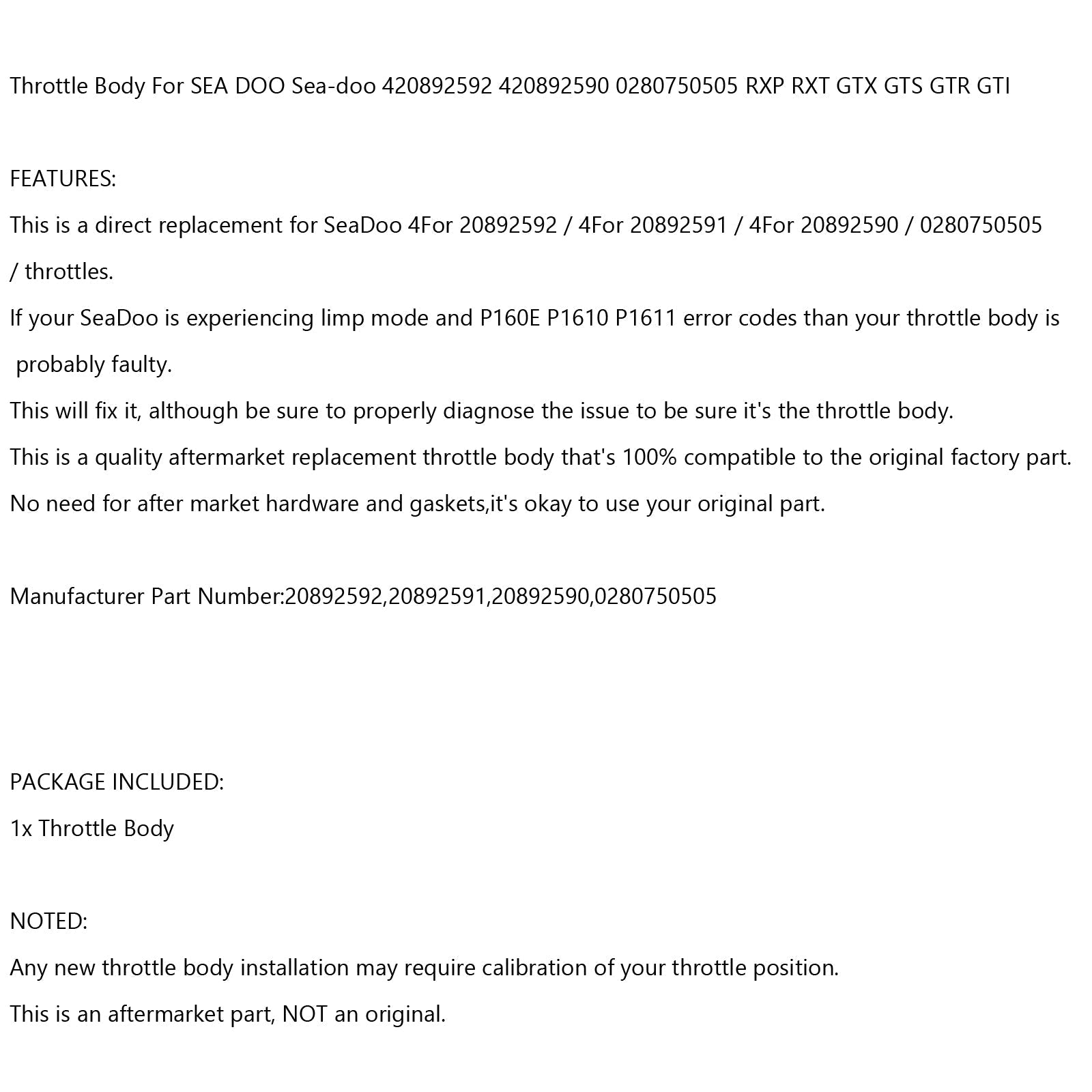 2015 Sea Doo RXT-X aS 260 & RS Throttle Body 20892592 20892591