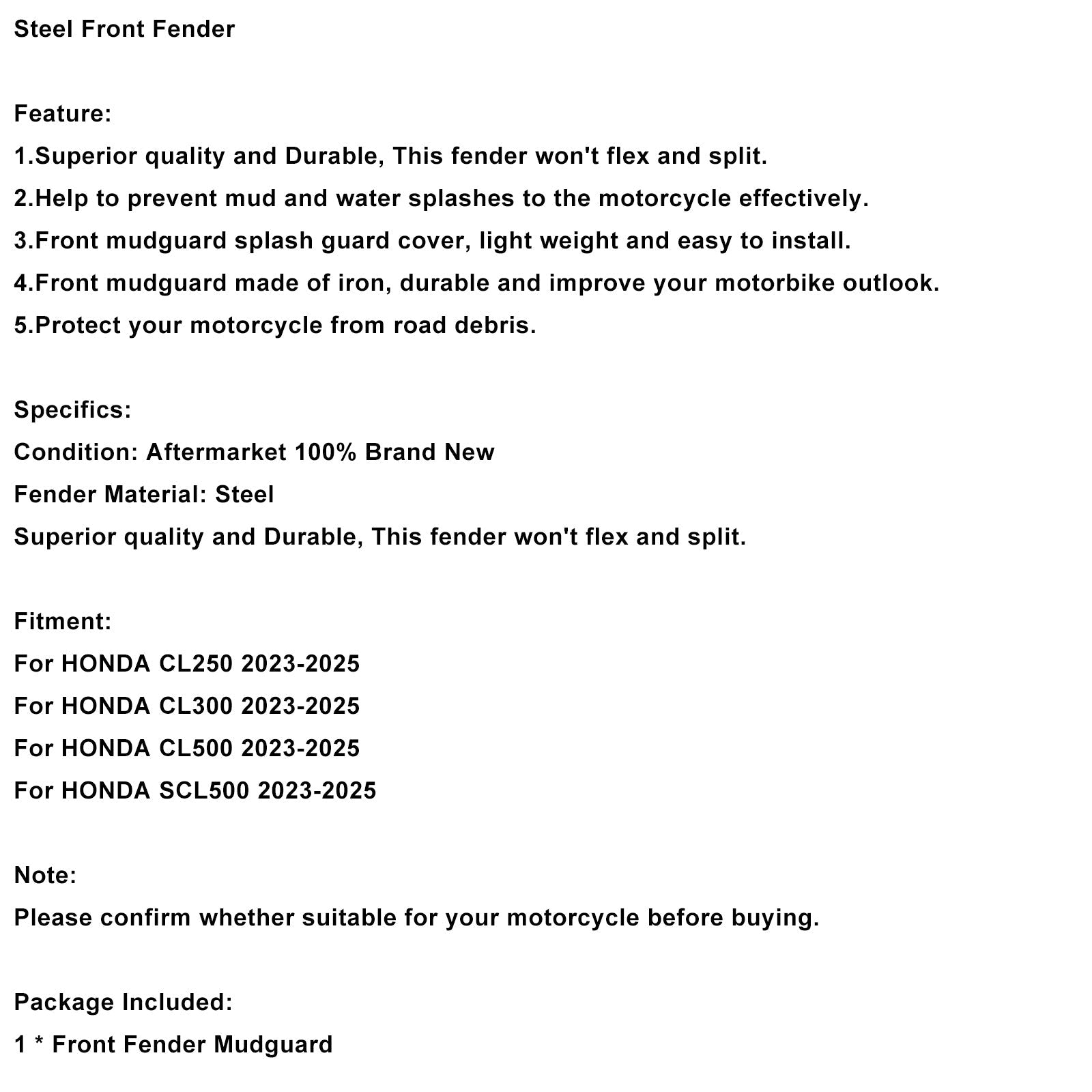 2023-2025 HONDA CL250 CL300 CL500 SCL500 Steel Front Fender Mudguard