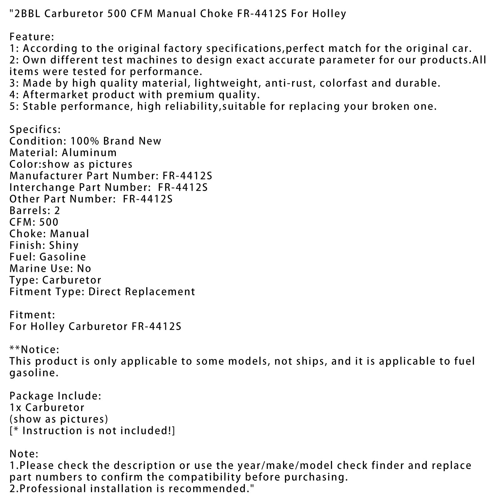2BBL Carburetor 500 CFM Manual Choke FR-4412S For Holley