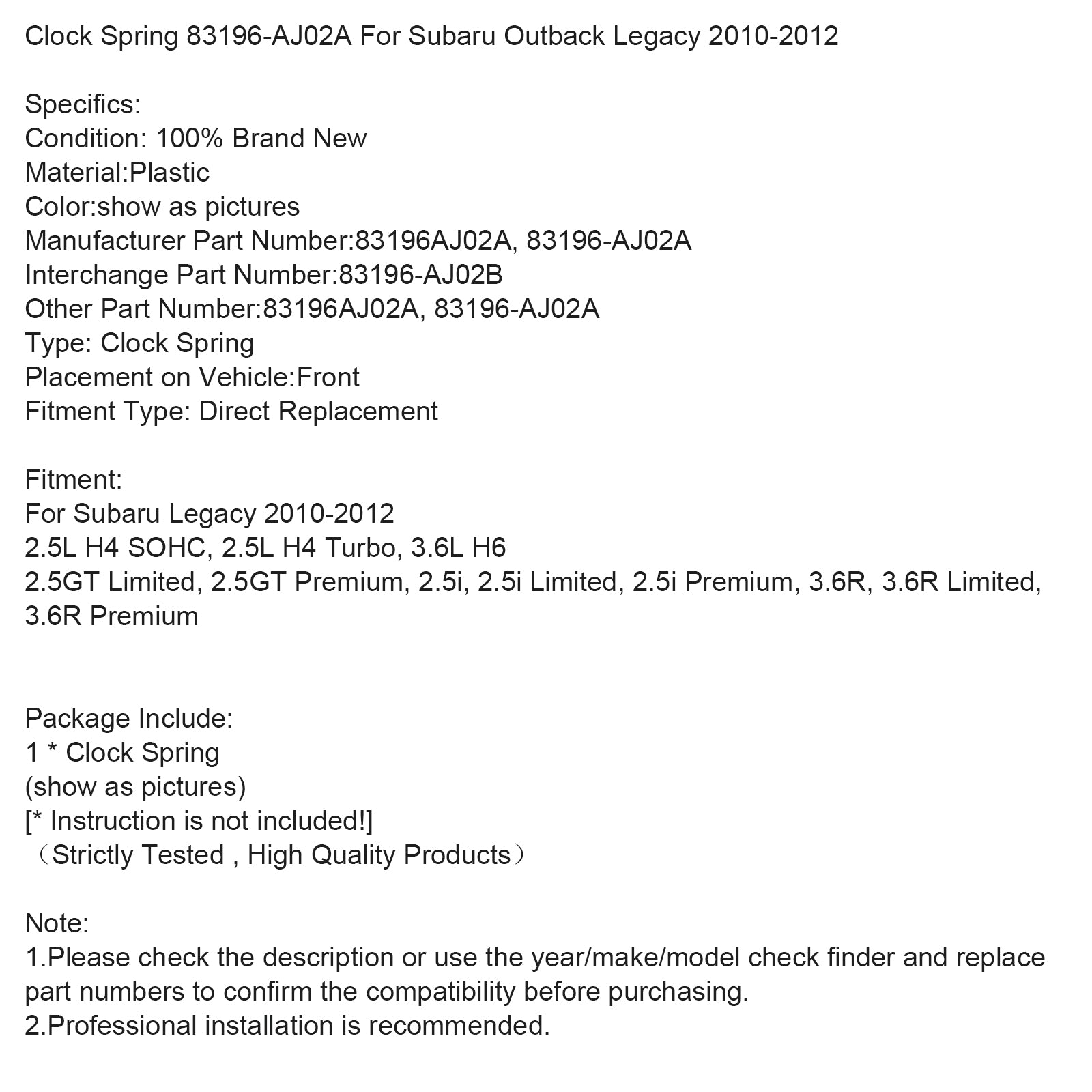 Clock Spring 83196-AJ02A For Subaru Outback Legacy 2010-2012