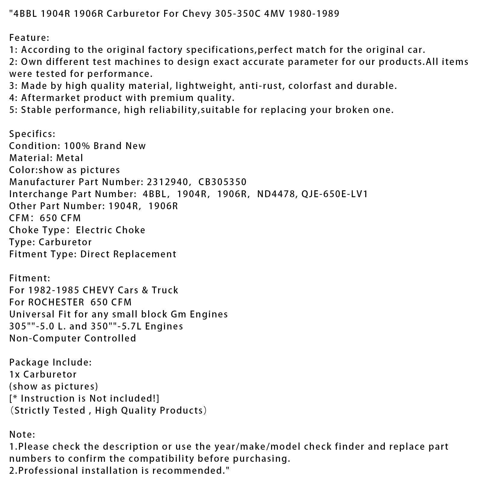 4BBL 1904R 1906R Carburetor For Chevy 305-350C 4MV 1980-1989