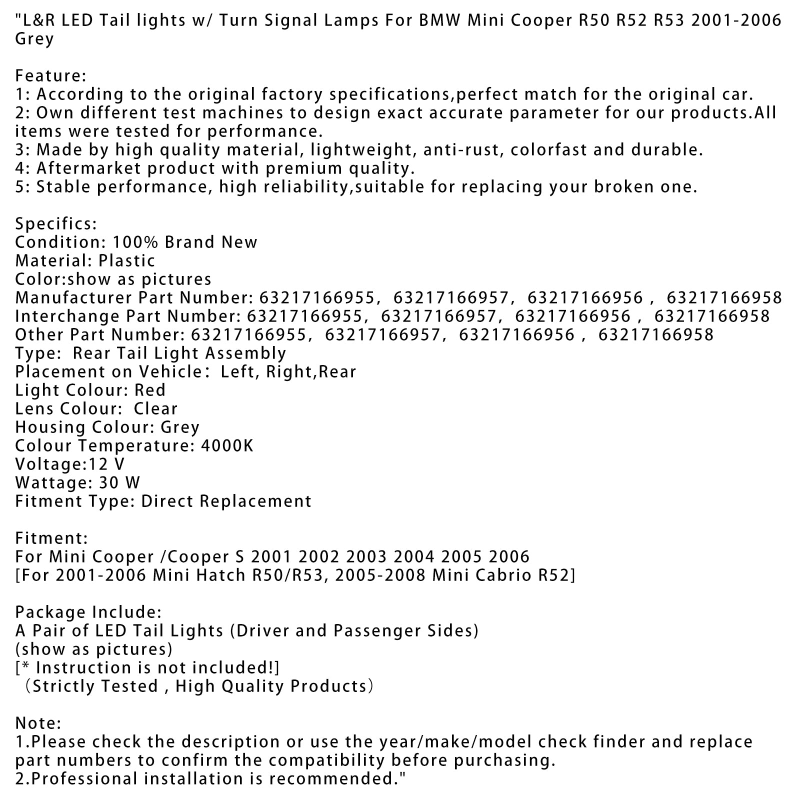 2001 2002 2003 2004 2005 2006 BMW Mini Cooper R50 R52 R53 L&R LED Tail lights w/ Turn Signal Lamps