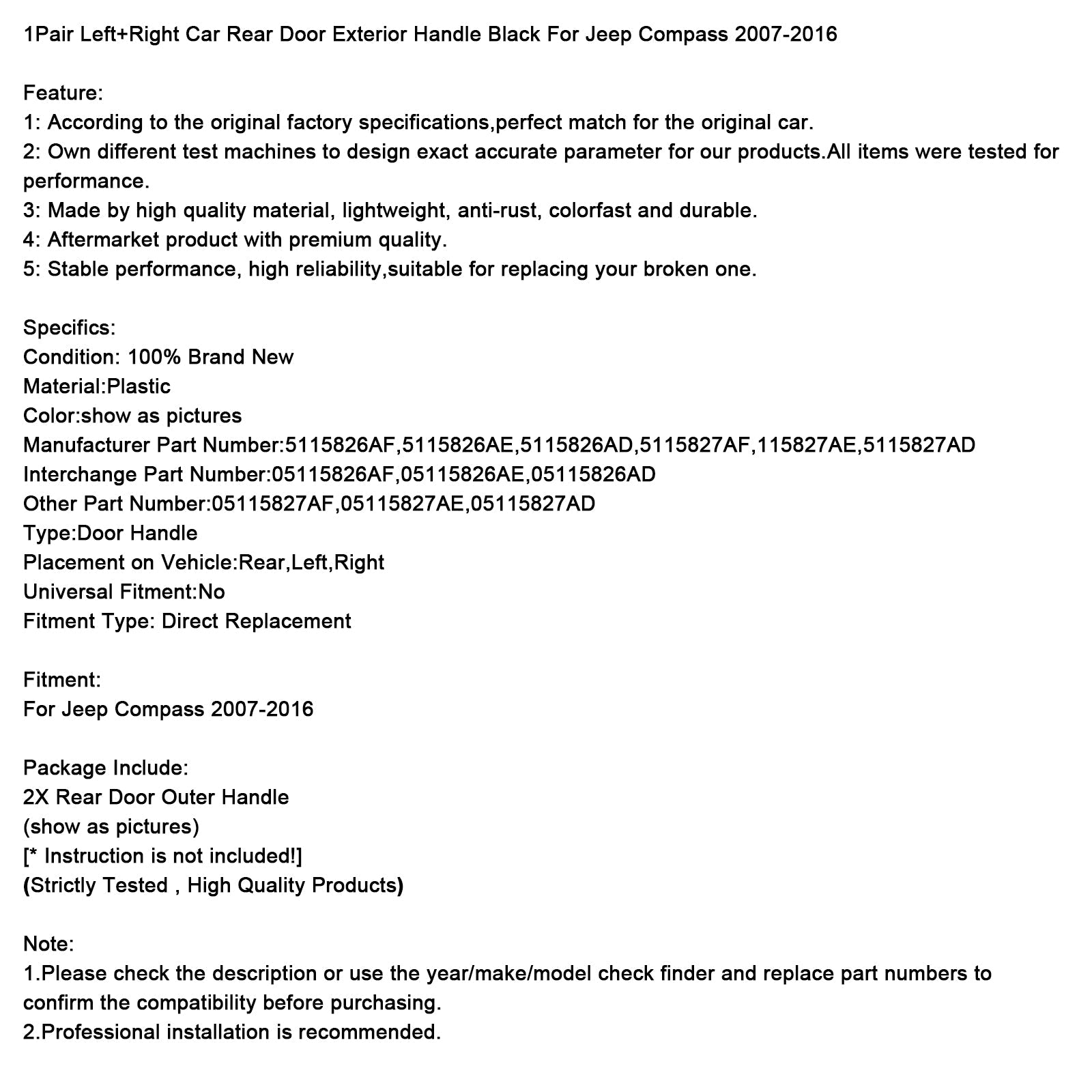 2007-2016 Jeep Compass 1Pair Car Rear Door Exterior Handle Black