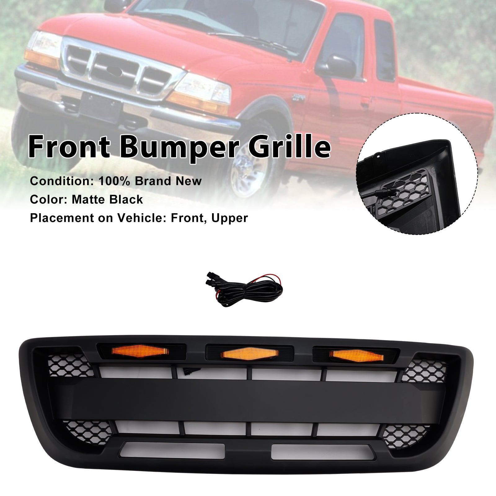 Matt Black Front Bumper Grille Grill Fit 1998-2000 Ford Ranger With LED Light