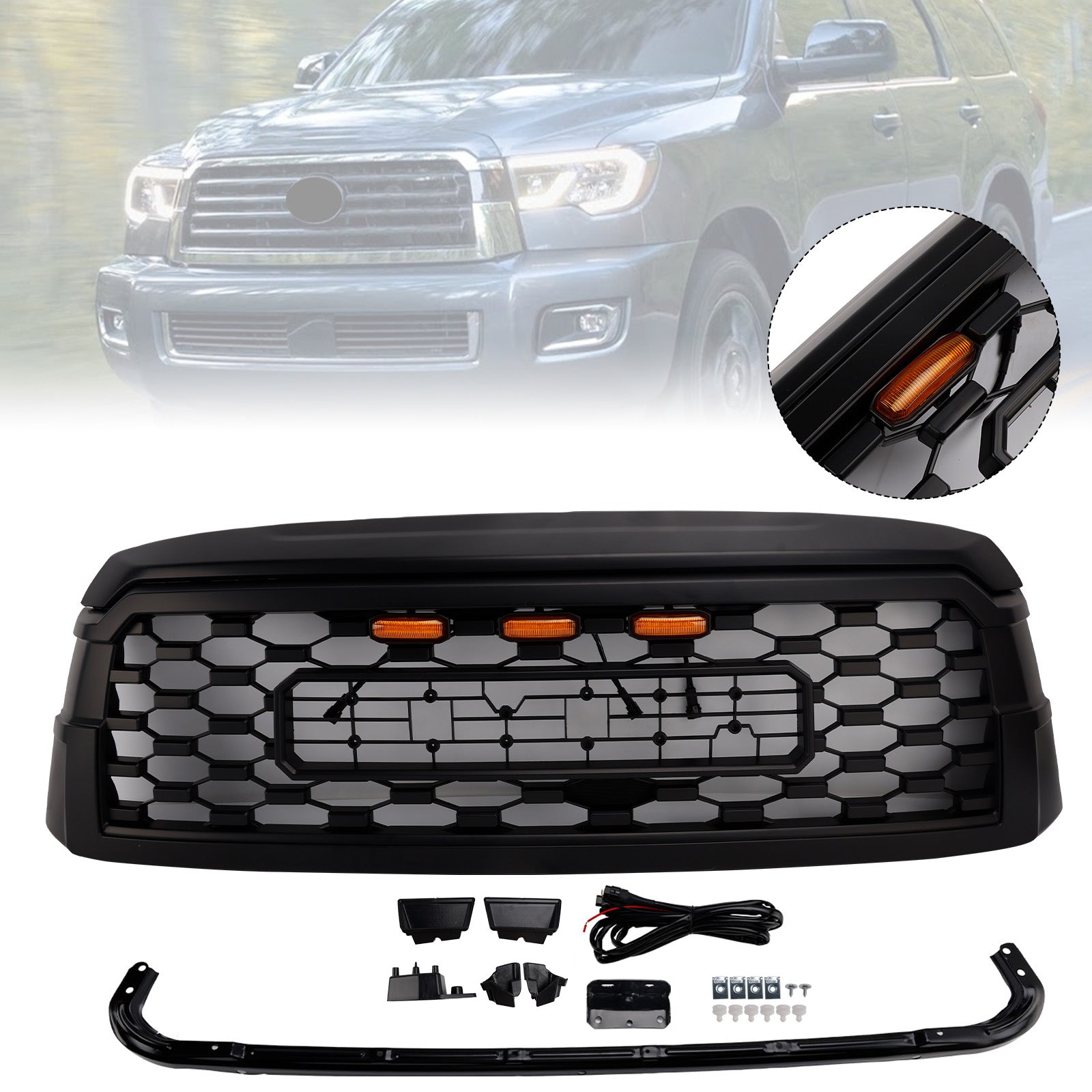 2019-2021 Toyota Sequoia W/ Led Light Black Front Bumper Grille Grill