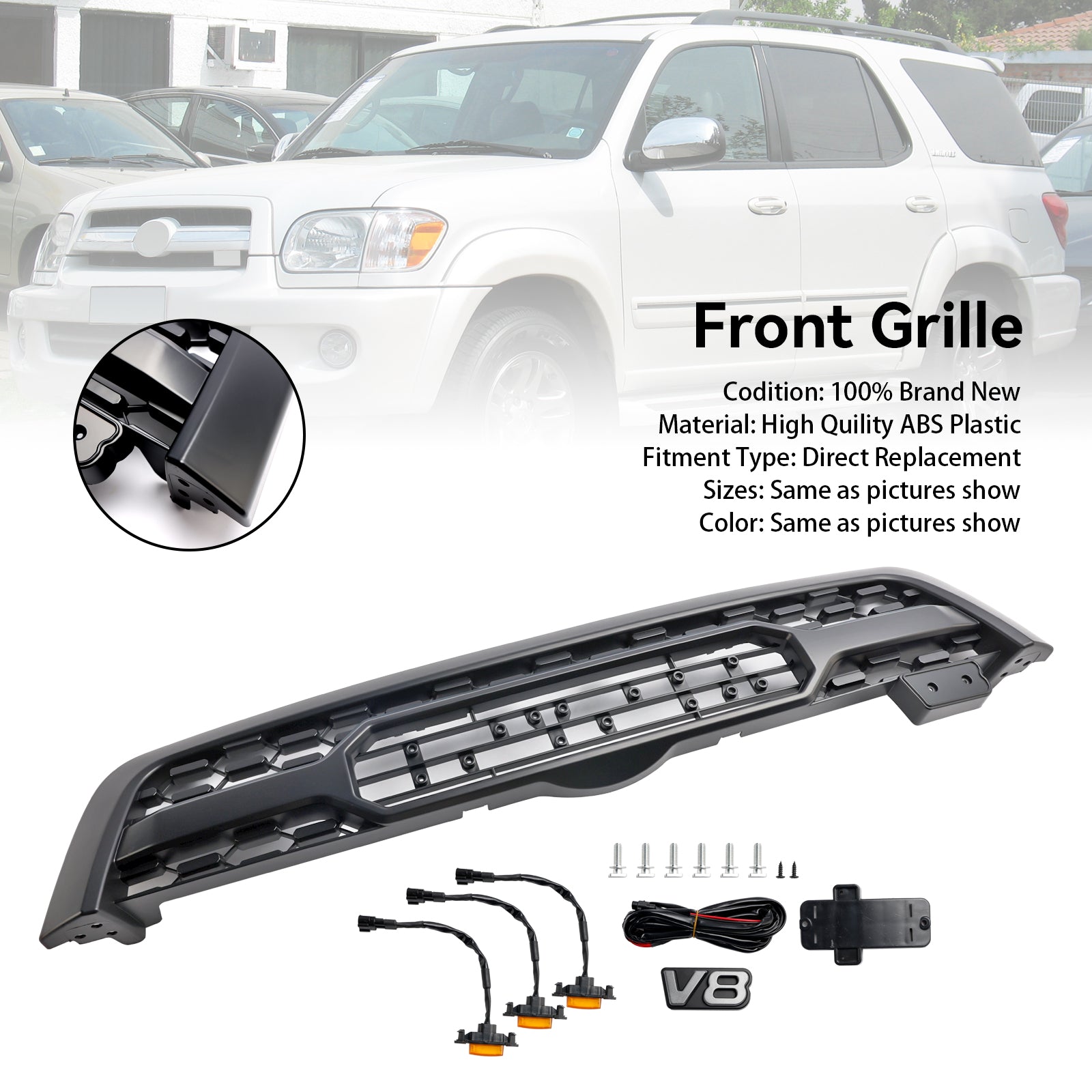 Matte Black Front Bumper Grill Grille Fit Toyota Sequoia 2005-2007 W/ Led Light