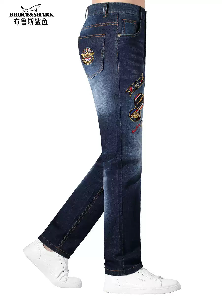 Bruce & Shark Men's Trendy Embroidered Straight-leg Jeans 2025 Summer New Loose-fit Pants Large Size Thin Trousers