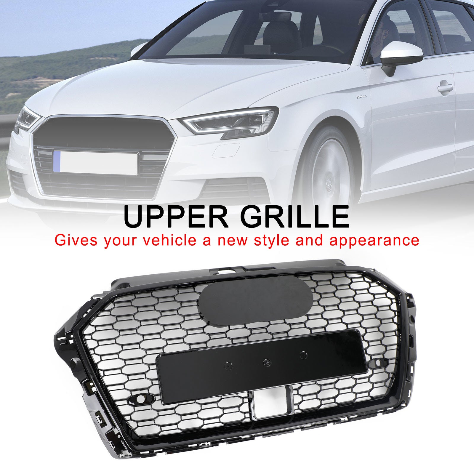 17-19 Audi A3 S3 Honeycomb Front Grille RS3 Style With ACC Gloss Black Generic