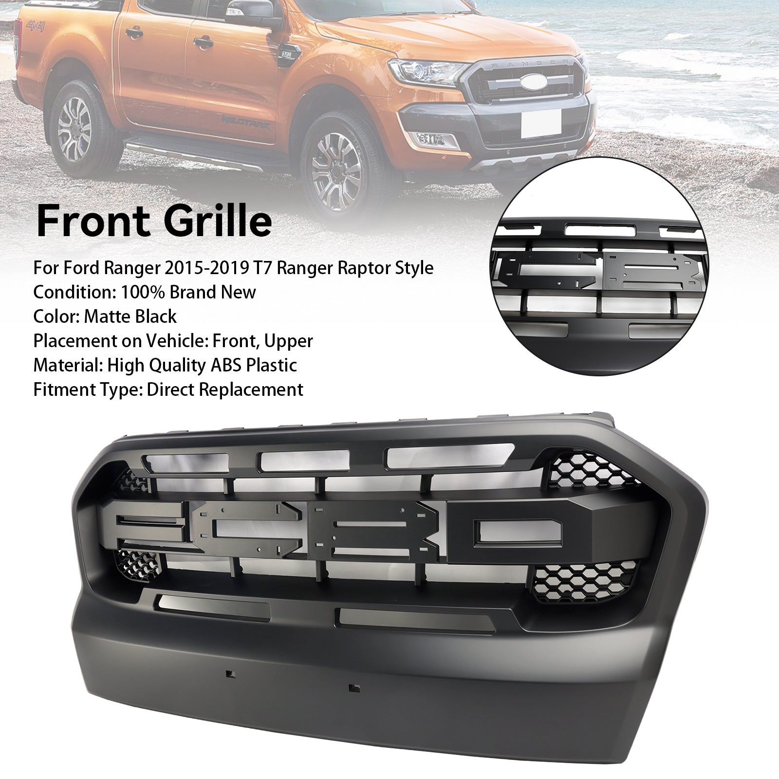 Ford Ranger 2015-2019 T7 Matt Black Ranger Raptor Style Front Bumper Grill