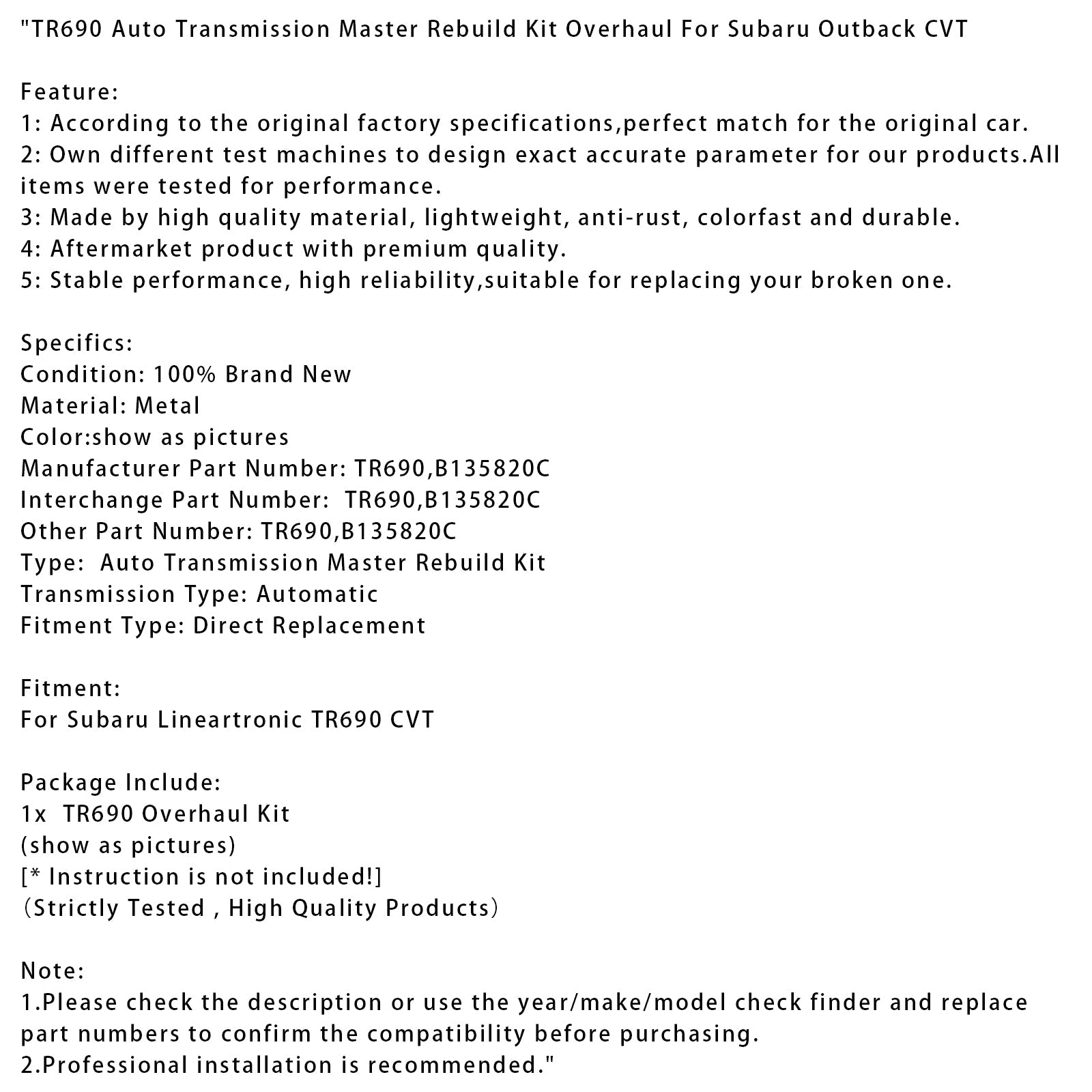 TR690 Auto Transmission Master Rebuild Kit Overhaul For Subaru Outback CVT