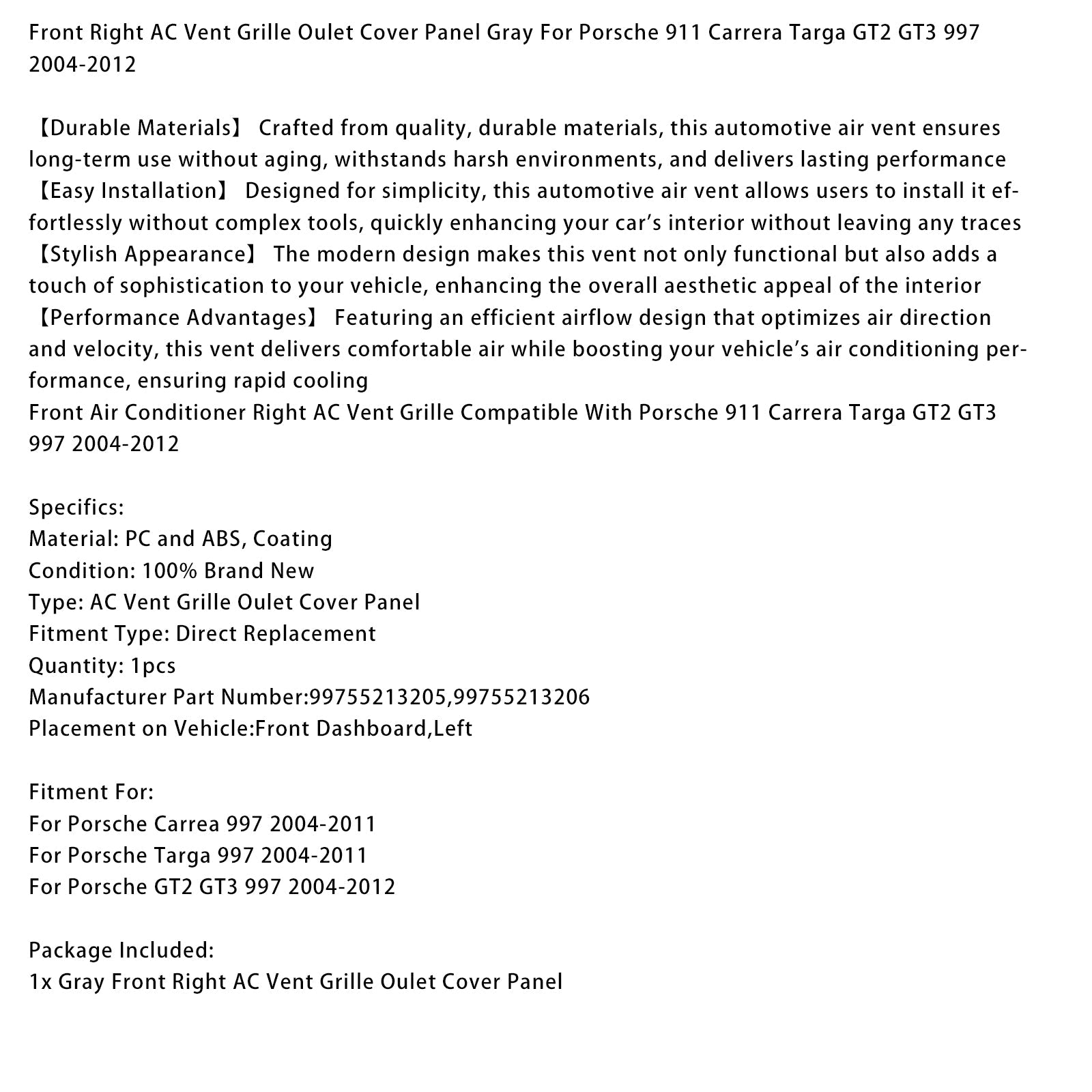 2004-2012 Porsche GT2 GT3 997 Front Right AC Vent Cover Gray 99755213205 99755213206