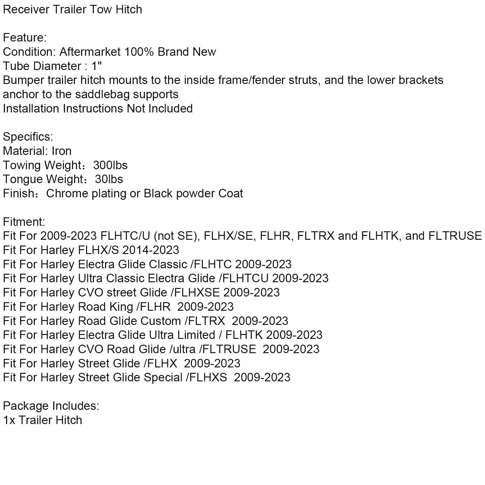 2009-2023 Harley Ultra Classic Electra Glide /FLHTCU Receiver Trailer Tow Hitch