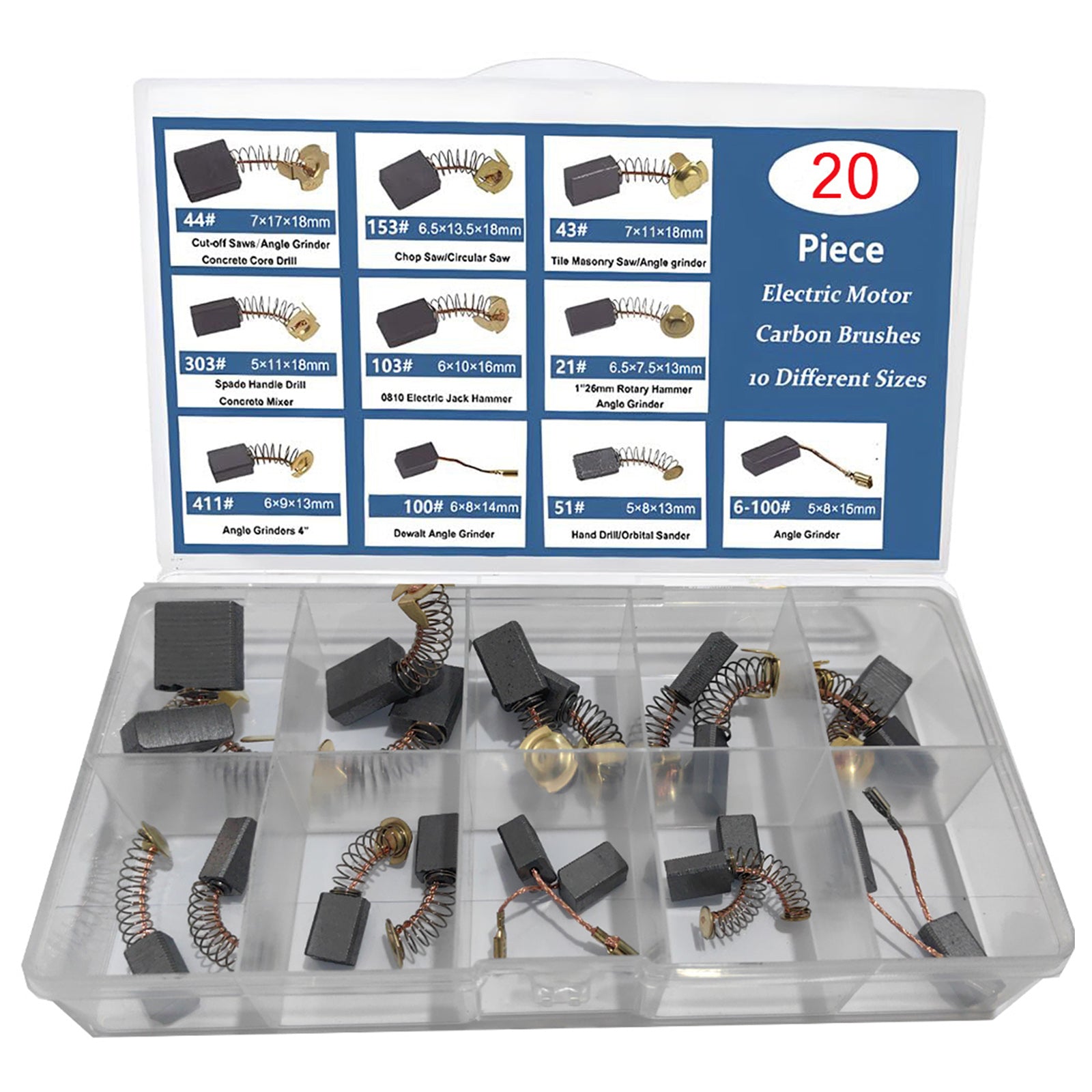 20Pcs Electric Motor Carbon Brushes 10 Sizes Replacement Repair Power Tool Part
