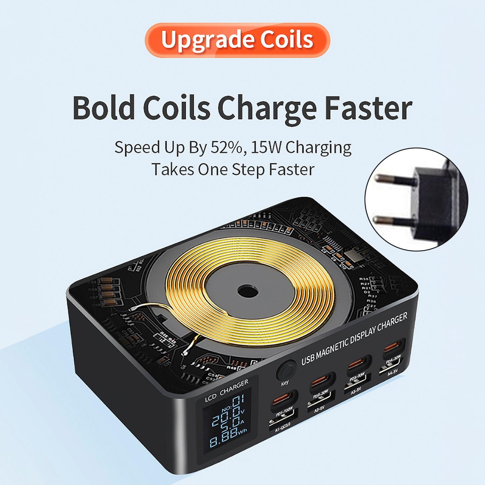 140W Fast Charging Charger Intelligent Digital Display PD100W Mobile Phone Notebook Magnetic Wireless Charging Multi-Port USB Charger EU Plug