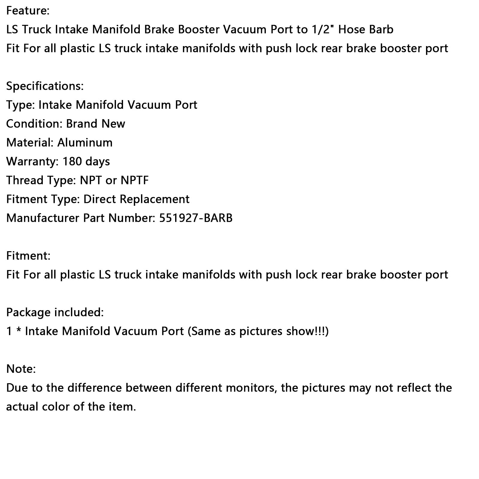 1/2" Hose Barb Vacuum Port Fitting LS Truck Intake Manifold Rear Brake Boost LQ4