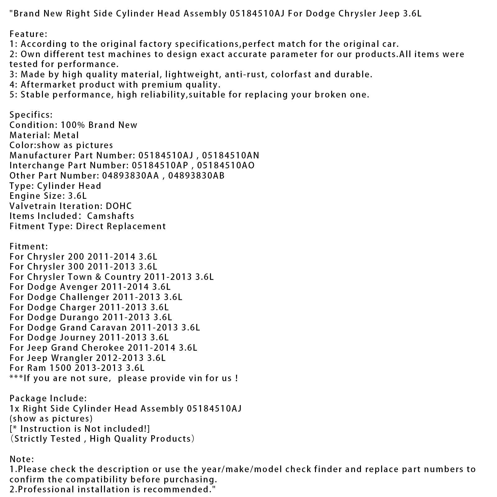 2011-2014 Jeep Grand Cherokee 3.6L Brand New Right Side Cylinder Head 05184510AJ