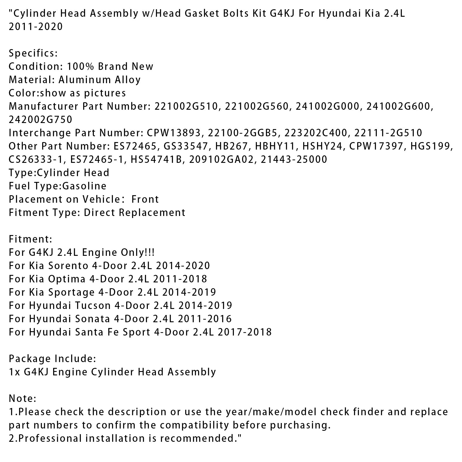2011-2016 Hyundai Sonata 4-Door 2.4L Cylinder Head Assembly w/Head Gasket Bolts Kit G4KJ 221002G510