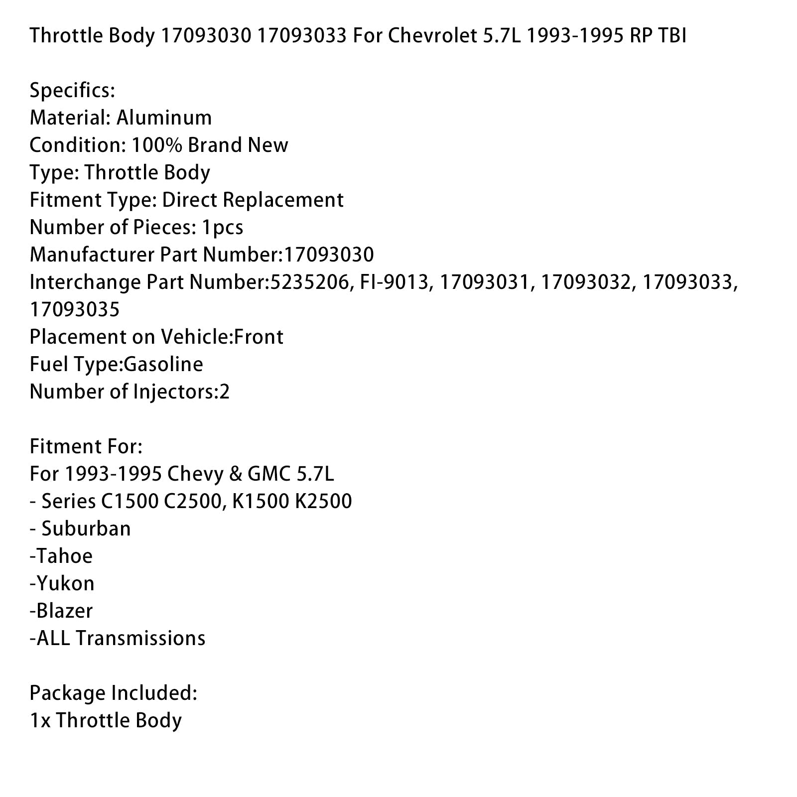 Throttle Body 17093030 17093033 For Chevrolet 5.7L 1993-1995 RP TBI