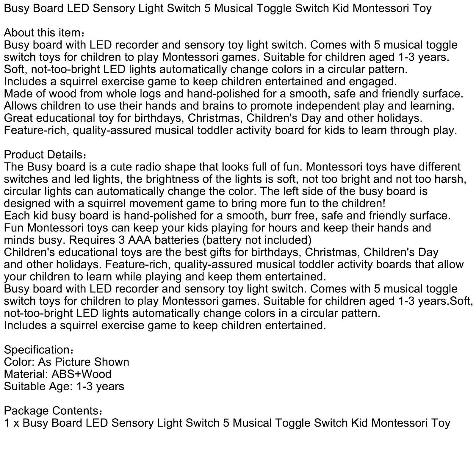 Busy Board LED Sensory Light Switch 5 Musical Toggle Switch Kid Montessori Toy