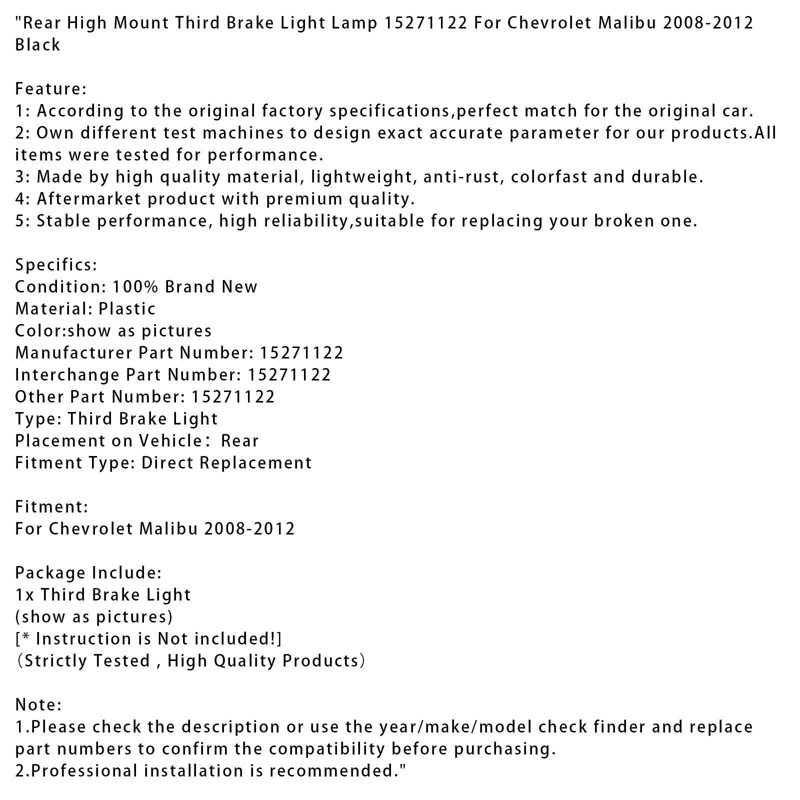 2008-2012 Chevrolet Malibu Rear High Mount Third Brake Light Lamp Black