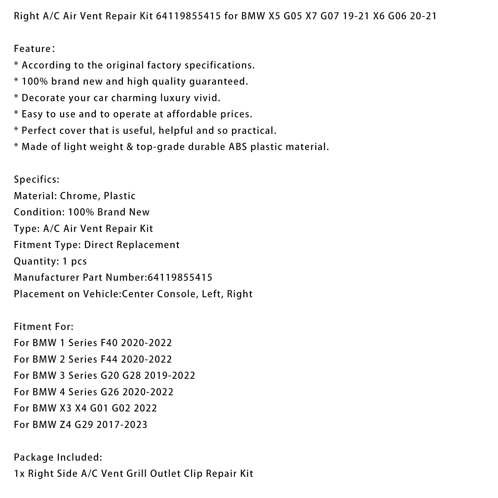 Right A/C Air Vent Repair Kit 64119855415 for BMW X5 G05 X7 G07 19-21 X6 G06 20-21