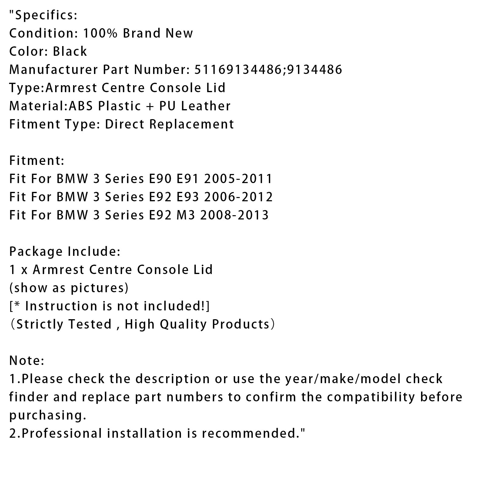 Black Leather Armrest Centre Console Lid For BMW E90 E91 E92 E93 51169134486