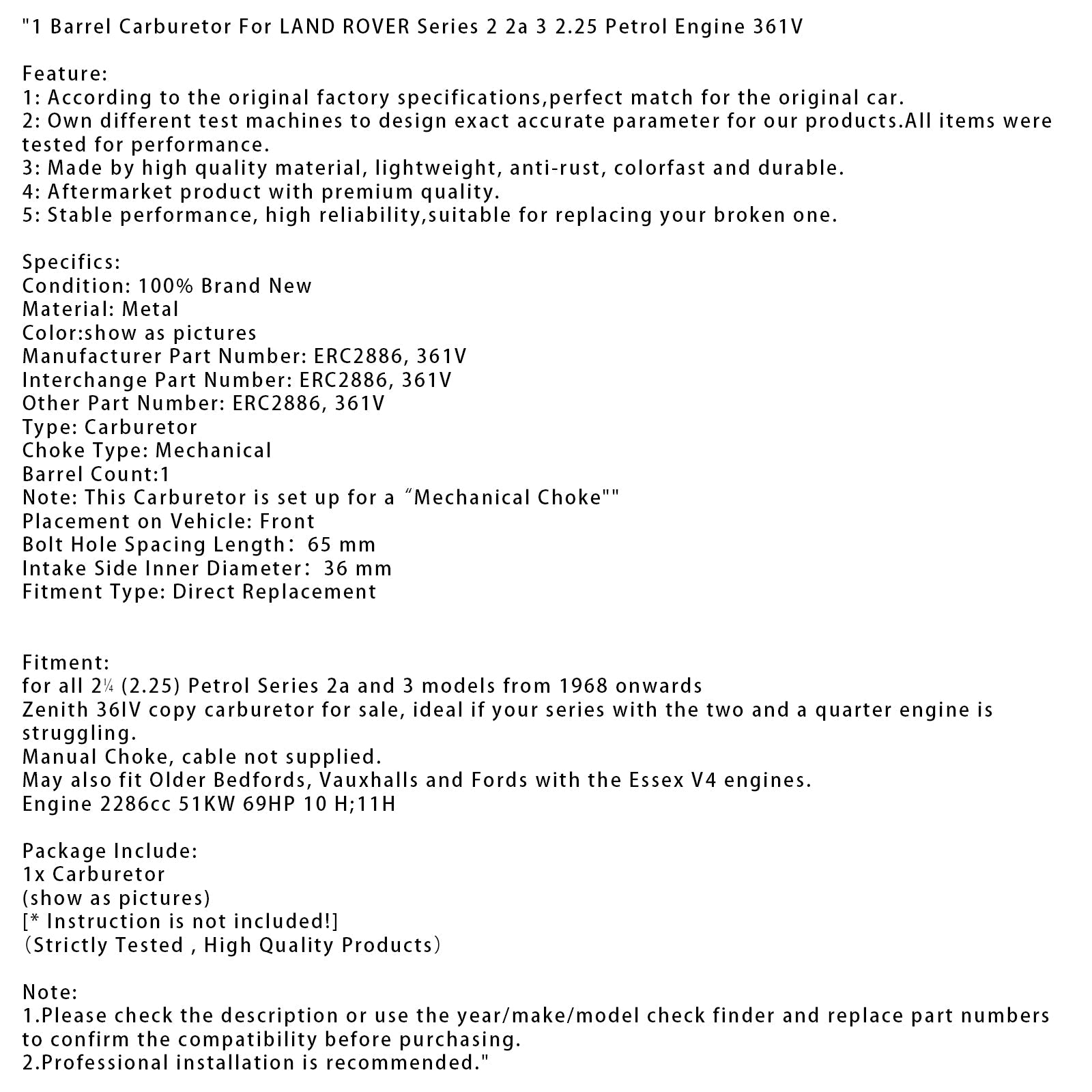 LAND ROVER Series 2 2a 3 2.25 Petrol Engine 361V 1 Barrel Carburetor