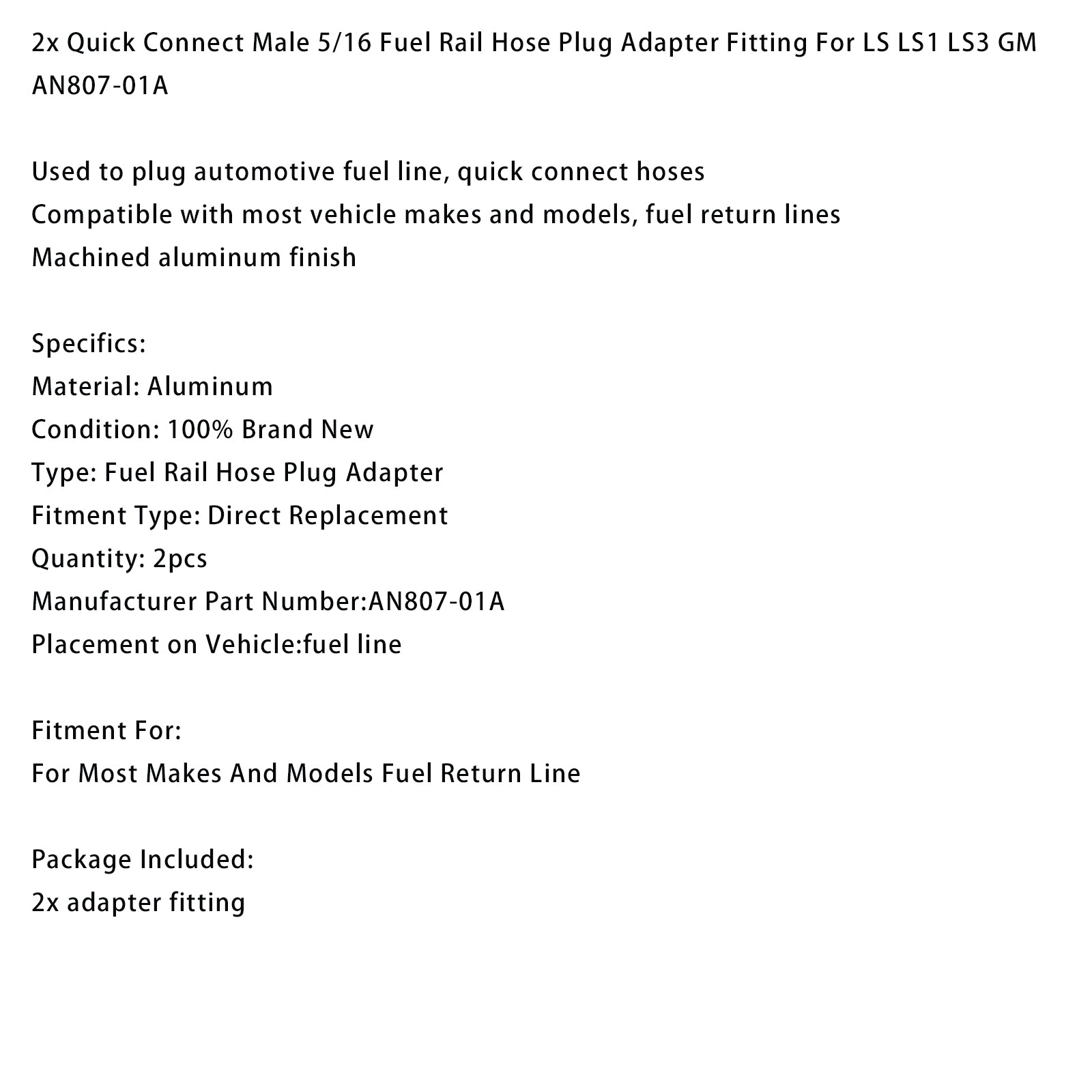 2x Quick Connect Male 5/16 Fuel Rail Hose Plug Adapter For LS LS1 LS3 AN807-01A