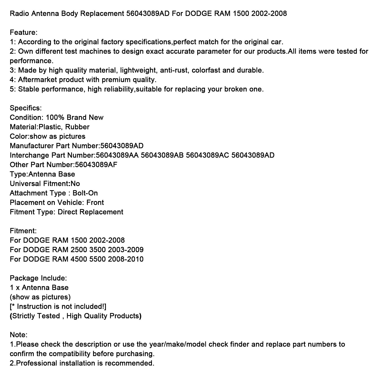 Radio Antenna Body Replacement 56043089AD For DODGE RAM 1500 2002-2008