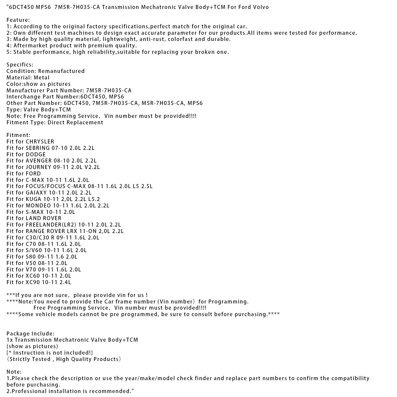 2010-2011 FORD GAlAXY 2.0L 2.2L 6DCT450 MPS6 7M5R-7H035-CA Transmission Mechatronic Valve Body+TCM