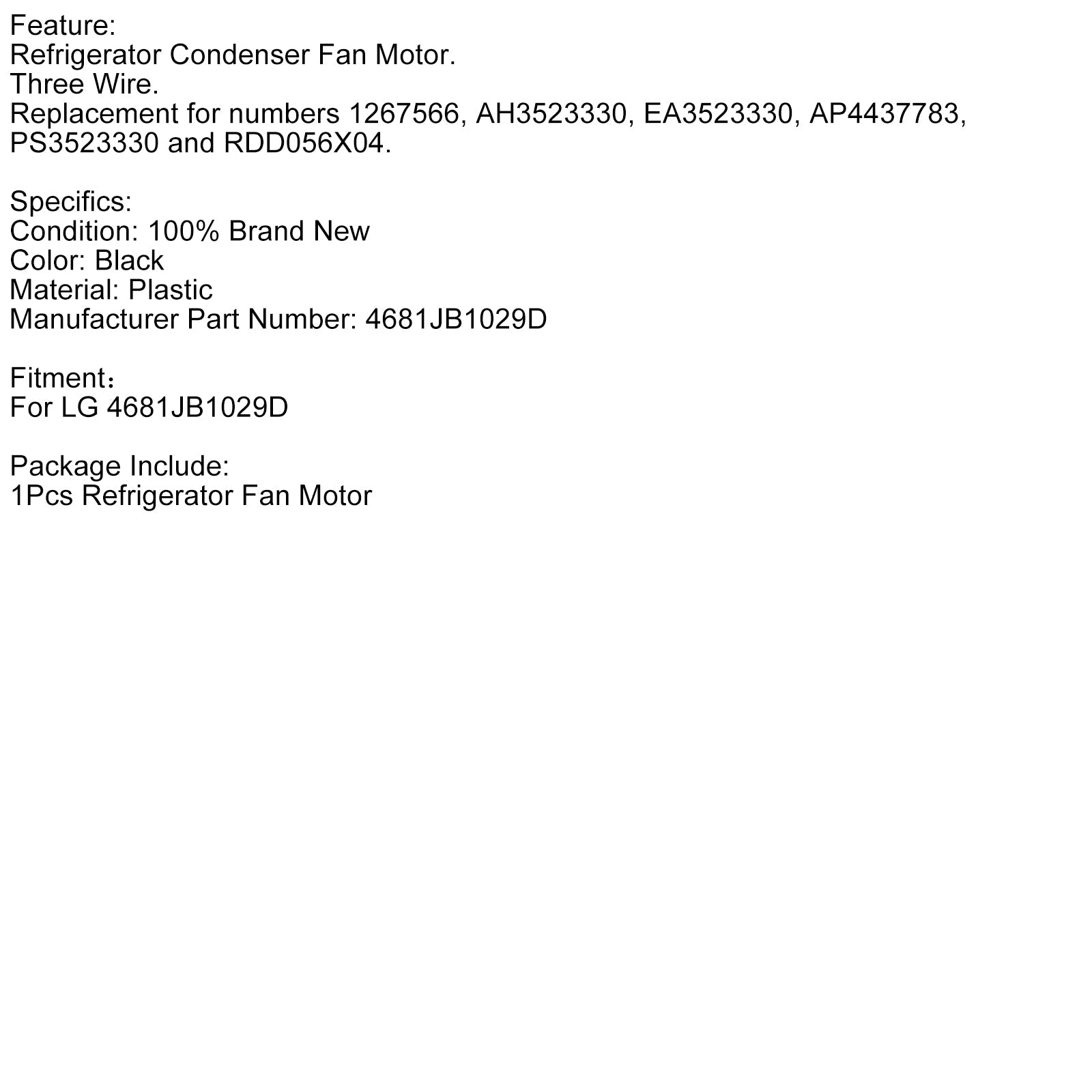 LG Refrigerator Condenser Fan Motor Replacement Accessories 4681JB1029D