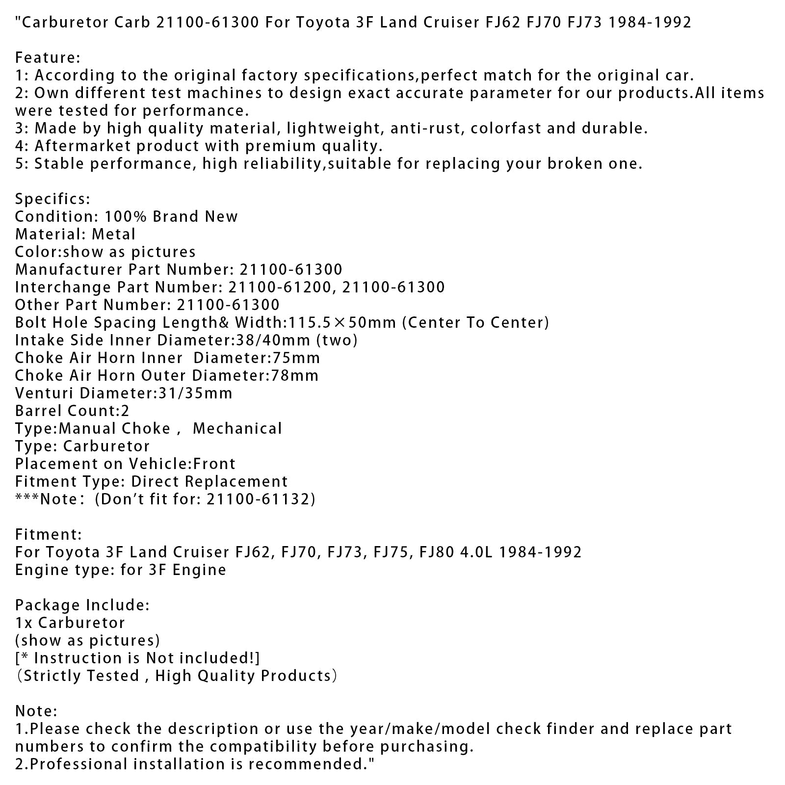 1984-1992 Toyota 3F Land Cruiser FJ62 FJ70 FJ73 Carburetor Carb 21100-61300