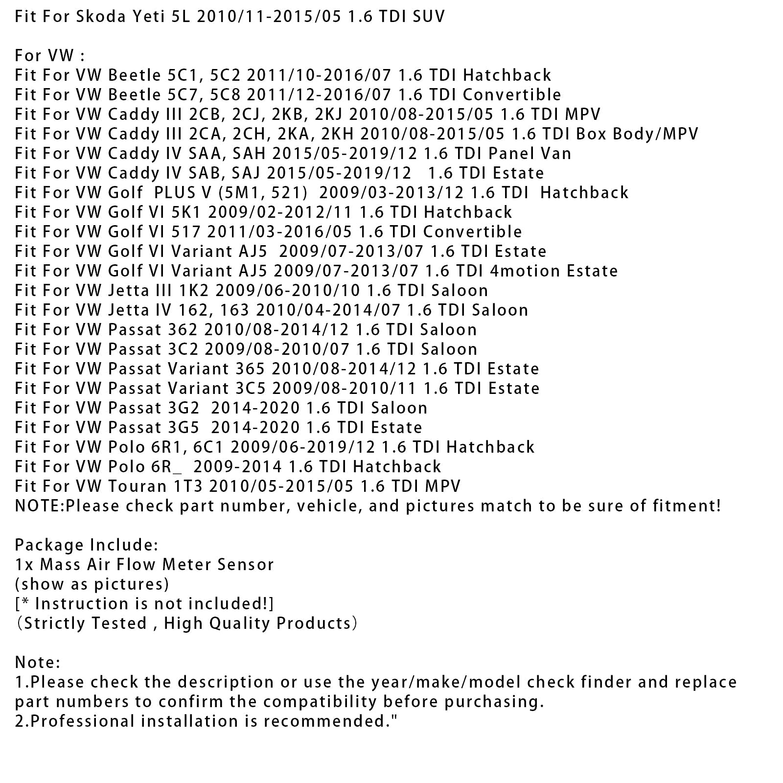 Mass Air Flow Meter Sensor For VW Golf VI Audi A1 Seat Leon 1.6TDI 5WK97023