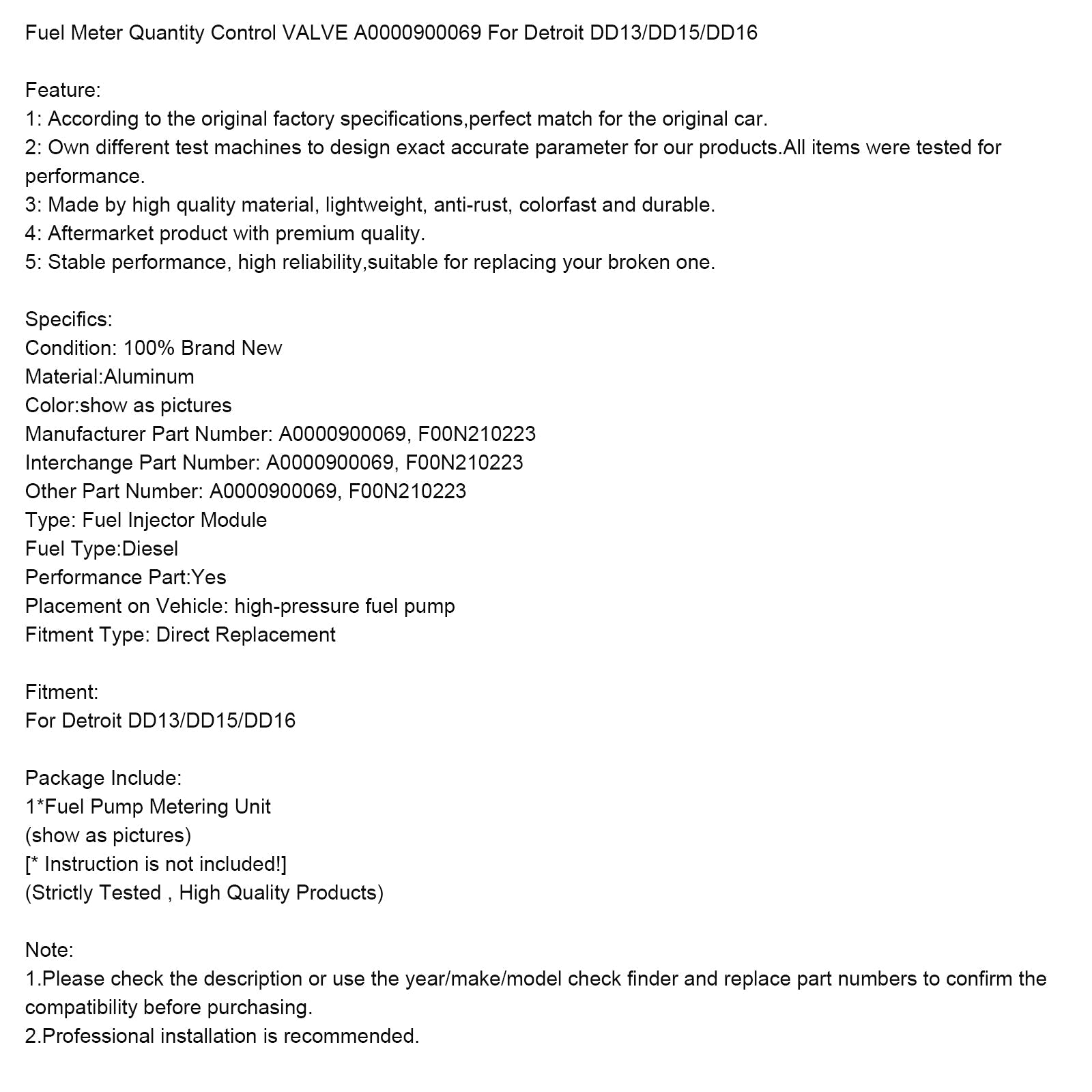 Detroit Fuel Meter Quantity Control VALVE A0000900069 DD13/DD15/DD16