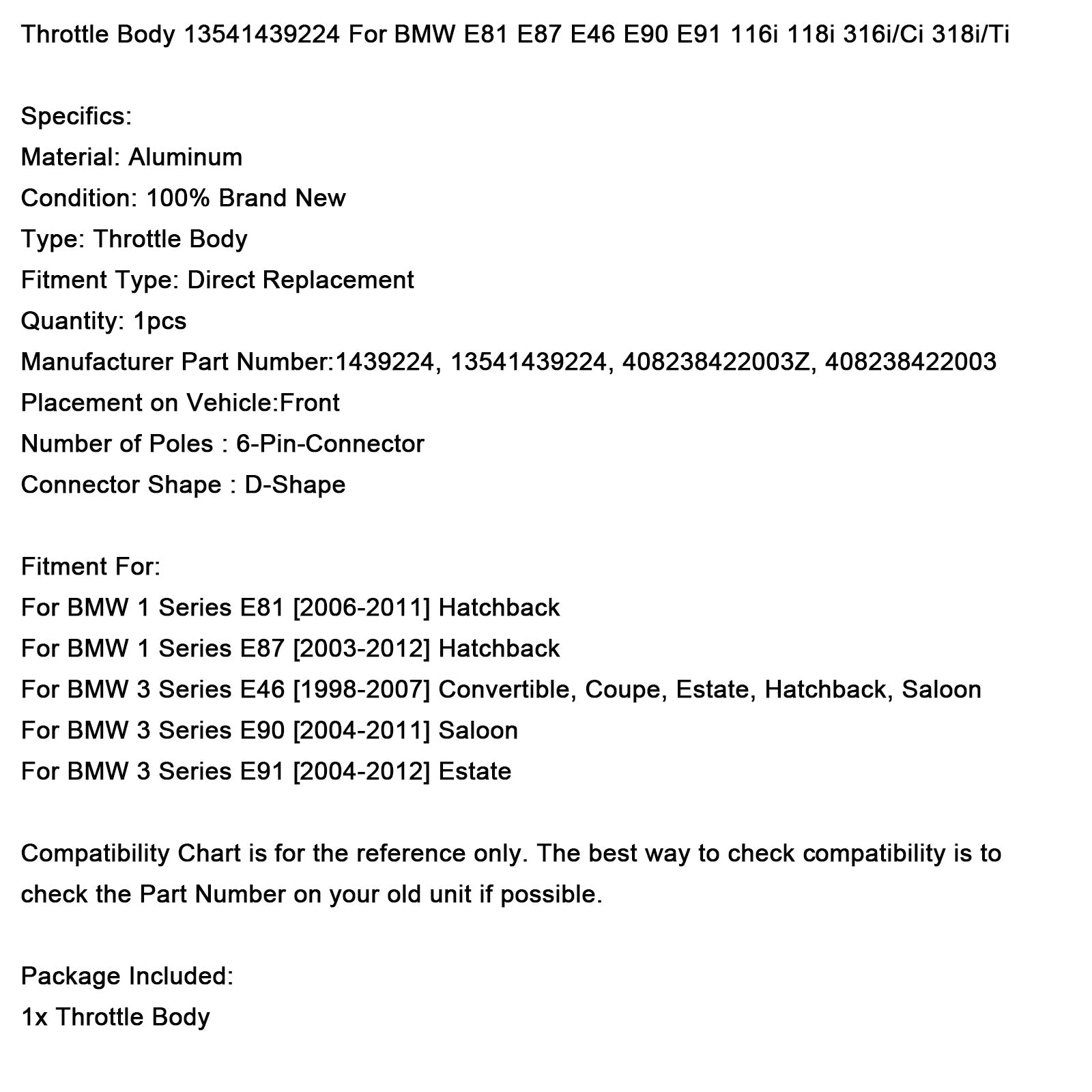 1998-2007 BMW 3 Series E46 Convertible, Coupe, Estate, Hatchback, Saloon Throttle Body 13541439224 408238422003Z