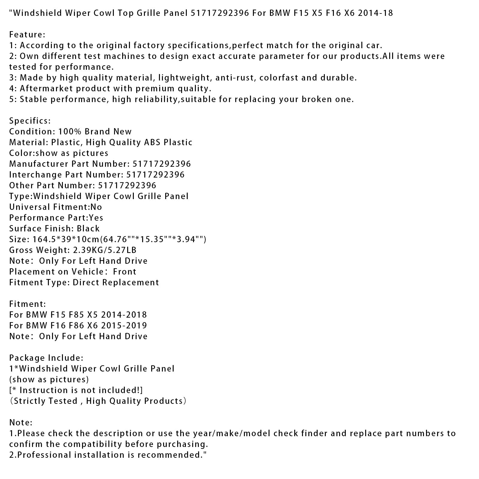 2015-2019 BMW F16 F86 X6 Windshield Wiper Cowl Top Grille Panel 51717292396